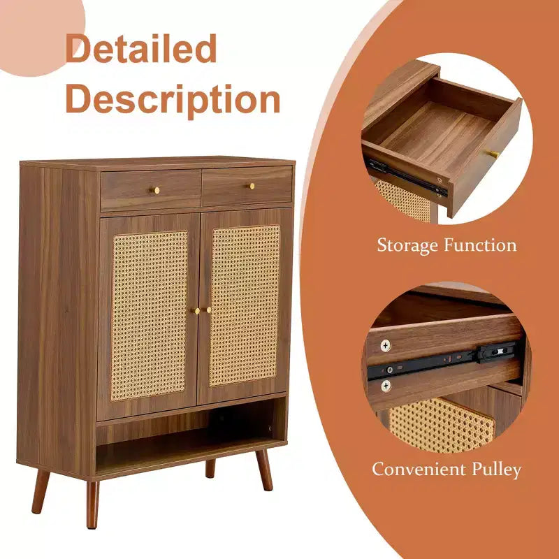 Mobile scarpiera/madia dal design in rattan color legno di metà secolo con ante e cassetti, scarpiera autoportante per foyer e ingressi