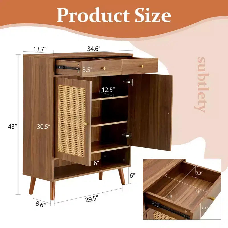 Mobile scarpiera/madia dal design in rattan color legno di metà secolo con ante e cassetti, scarpiera autoportante per foyer e ingressi