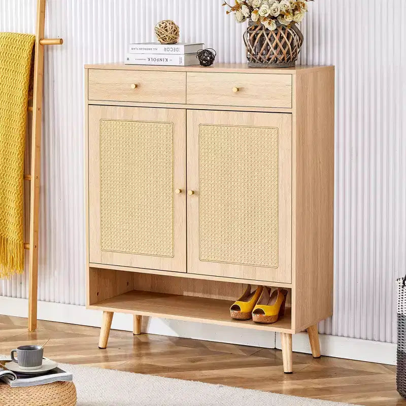 Mobile scarpiera/madia dal design in rattan color legno di metà secolo con ante e cassetti, scarpiera autoportante per foyer e ingressi