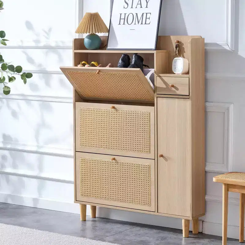 Mobile scarpiera/madia dal design in rattan color legno di metà secolo con ante e cassetti, scarpiera autoportante per foyer e ingressi