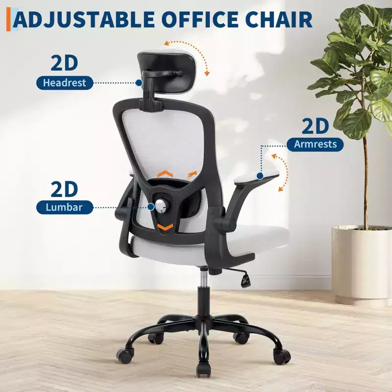 Sedia da ufficio ergonomica, sedia da scrivania girevole con rotelle, poggiatesta e supporto lombare regolabili, sedia a rotelle in rete, braccioli ribaltabili