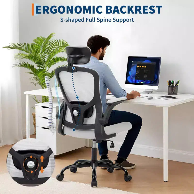 Sedia da ufficio ergonomica, sedia da scrivania girevole con rotelle, poggiatesta e supporto lombare regolabili, sedia a rotelle in rete, braccioli ribaltabili