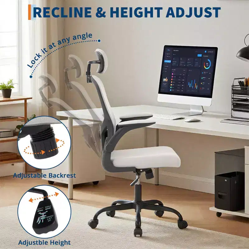 Sedia da ufficio ergonomica, sedia da scrivania girevole con rotelle, poggiatesta e supporto lombare regolabili, sedia a rotelle in rete, braccioli ribaltabili