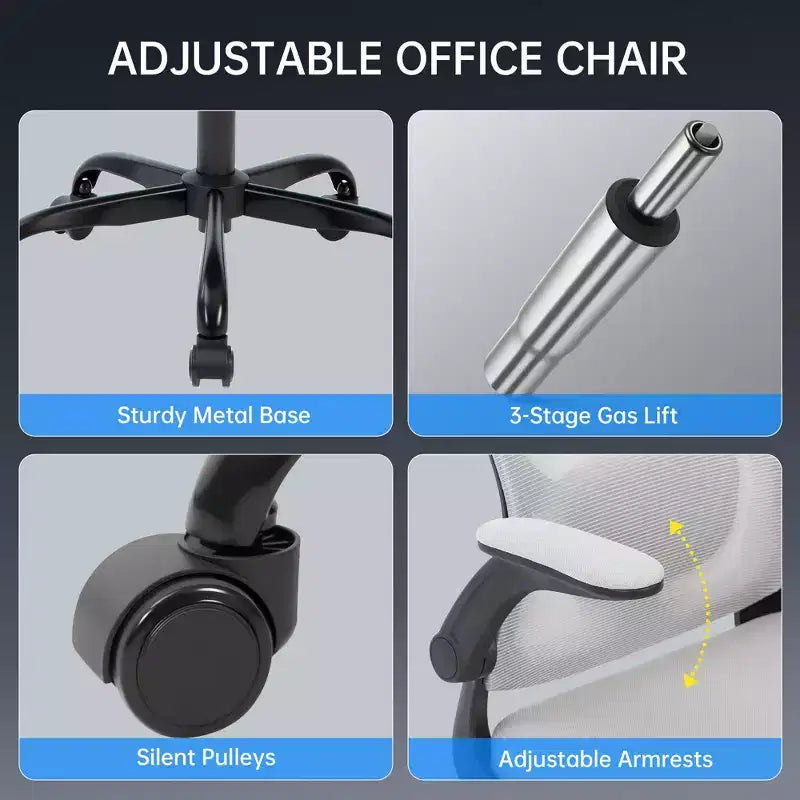 Sedia da ufficio ergonomica, sedia da scrivania girevole con rotelle, poggiatesta e supporto lombare regolabili, sedia a rotelle in rete, braccioli ribaltabili