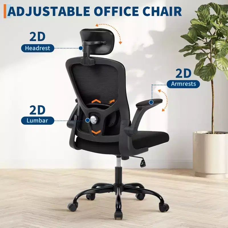 Sedia da ufficio ergonomica, sedia da scrivania girevole con rotelle, poggiatesta e supporto lombare regolabili, sedia a rotelle in rete, braccioli ribaltabili