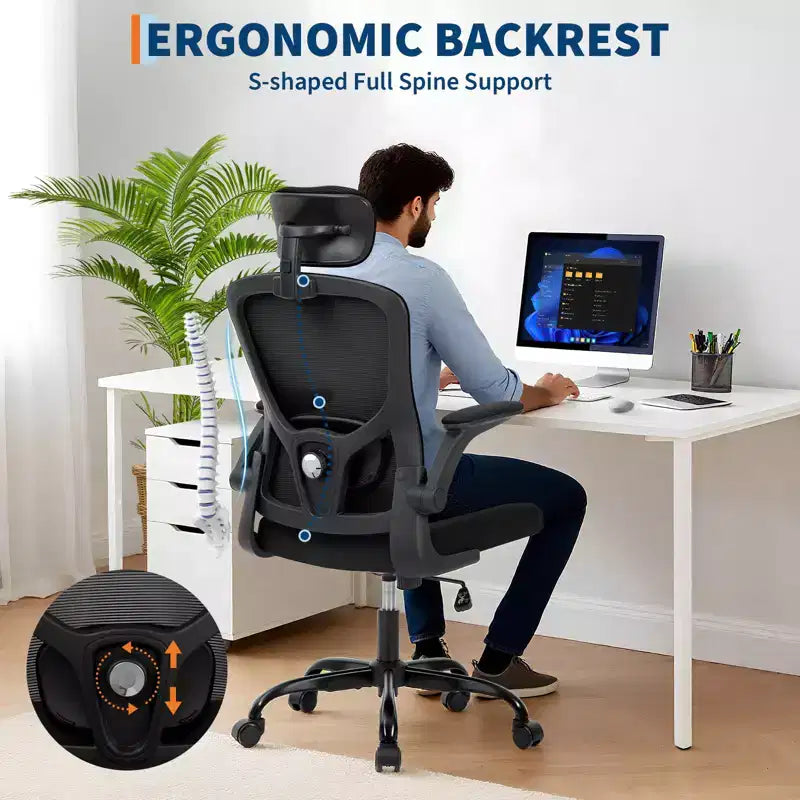 Sedia da ufficio ergonomica, sedia da scrivania girevole con rotelle, poggiatesta e supporto lombare regolabili, sedia a rotelle in rete, braccioli ribaltabili