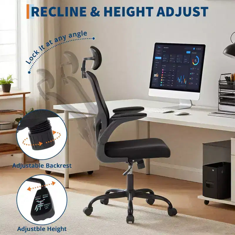 Sedia da ufficio ergonomica, sedia da scrivania girevole con rotelle, poggiatesta e supporto lombare regolabili, sedia a rotelle in rete, braccioli ribaltabili