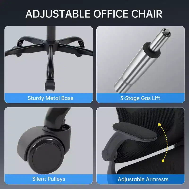 Sedia da ufficio ergonomica, sedia da scrivania girevole con rotelle, poggiatesta e supporto lombare regolabili, sedia a rotelle in rete, braccioli ribaltabili