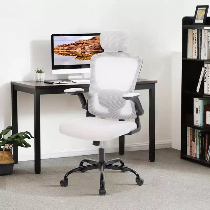 Sedia da ufficio ergonomica, sedia da scrivania girevole con rotelle, poggiatesta e supporto lombare regolabili, sedia a rotelle in rete, braccioli ribaltabili