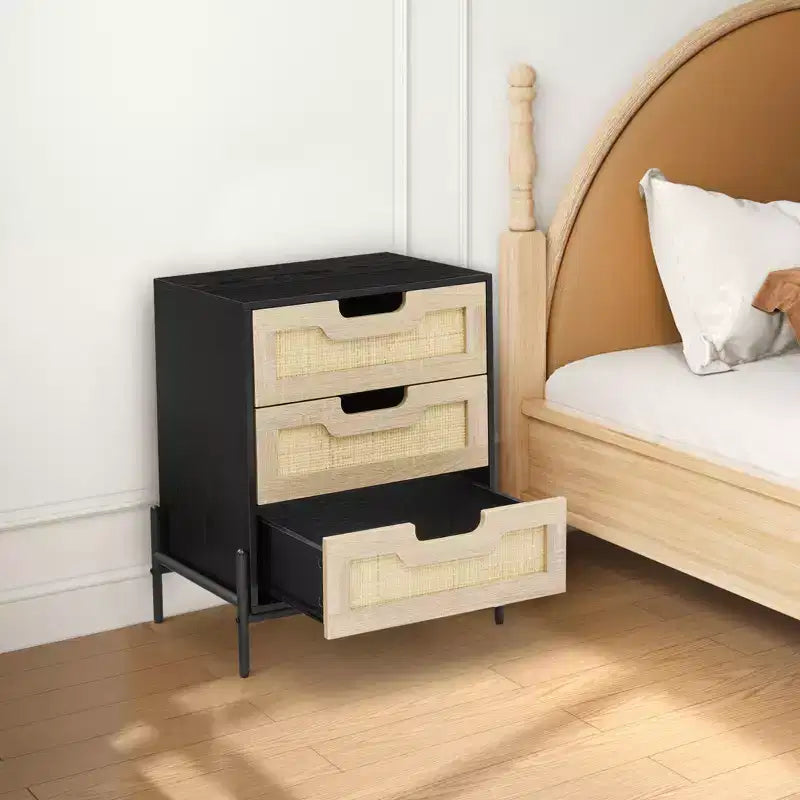 Comodino in rattan con 3 cassetti, tavolino da notte compatto, tavolino rustico in legno con contenitore, gambe in metallo, per camera da letto, soggiorno, facile montaggio