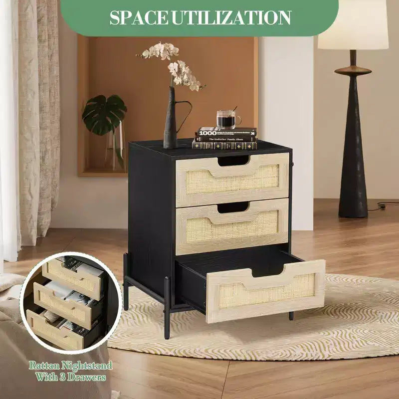 Comodino in rattan con 3 cassetti, tavolino da notte compatto, tavolino rustico in legno con contenitore, gambe in metallo, per camera da letto, soggiorno, facile montaggio