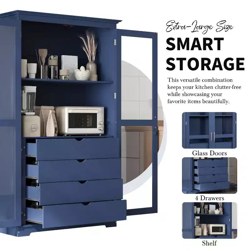 Dispensa da cucina 44,7x20x75 pollici, armadio da cucina autoportante con ante in vetro e 4 cassetti integrati per soggiorno