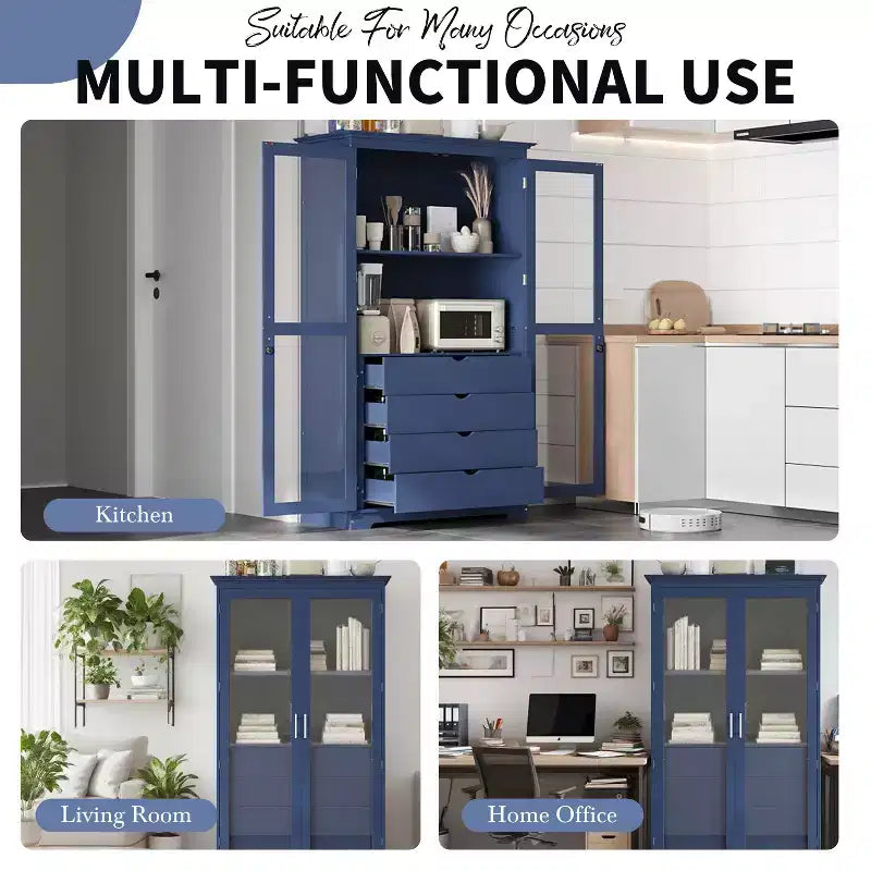 Dispensa da cucina 44,7x20x75 pollici, armadio da cucina autoportante con ante in vetro e 4 cassetti integrati per soggiorno