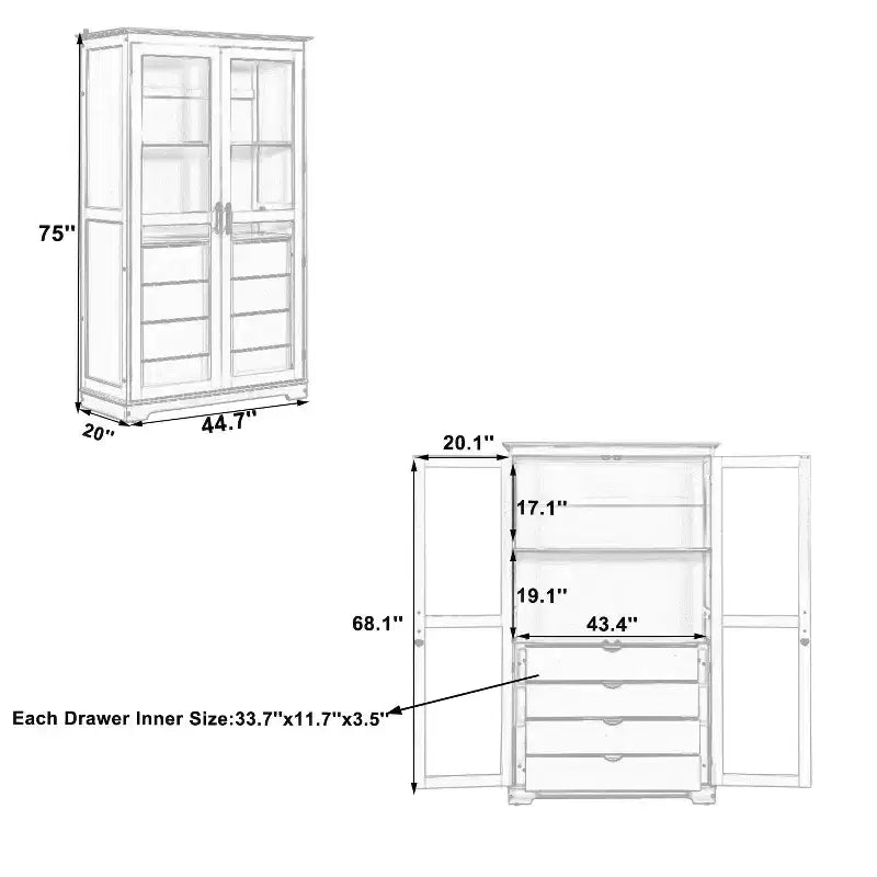 Dispensa da cucina 44,7x20x75 pollici, armadio da cucina autoportante con ante in vetro e 4 cassetti integrati per soggiorno