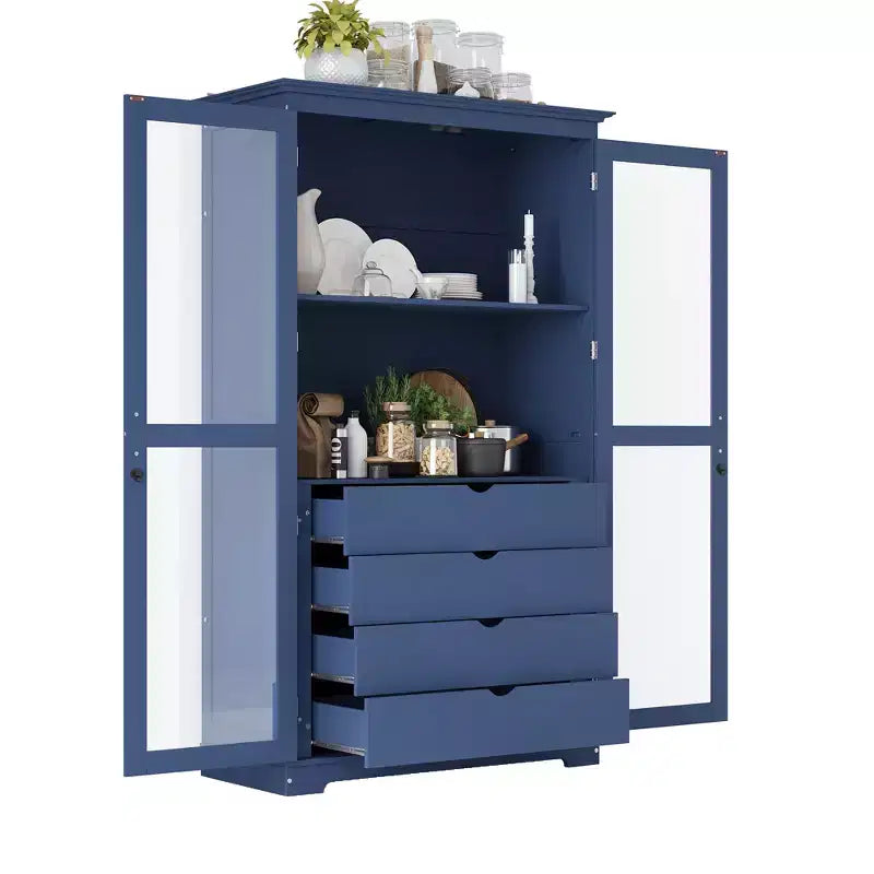 Dispensa da cucina 44,7x20x75 pollici, armadio da cucina autoportante con ante in vetro e 4 cassetti integrati per soggiorno