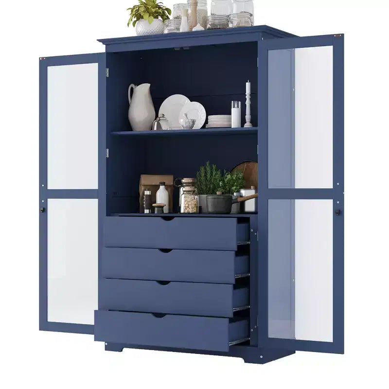 Dispensa da cucina 44,7x20x75 pollici, armadio da cucina autoportante con ante in vetro e 4 cassetti integrati per soggiorno