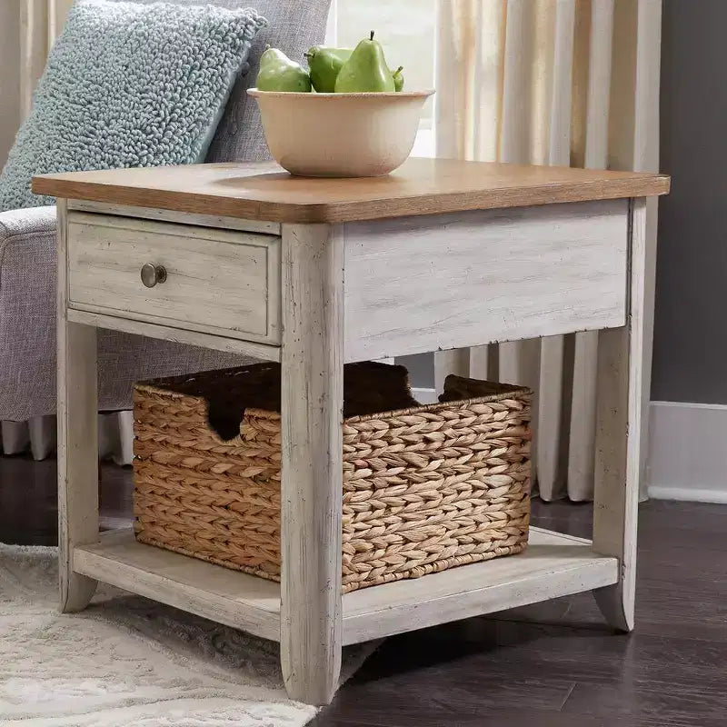 Tavolino reinventato in stile rustico con cesto, bianco anticato con piano color castagno