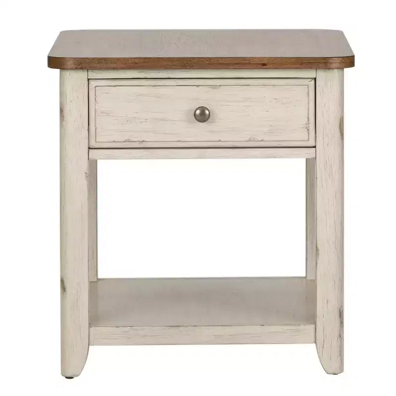 Tavolino reinventato in stile rustico con cesto, bianco anticato con piano color castagno