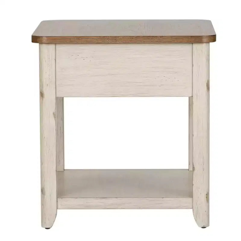 Tavolino reinventato in stile rustico con cesto, bianco anticato con piano color castagno