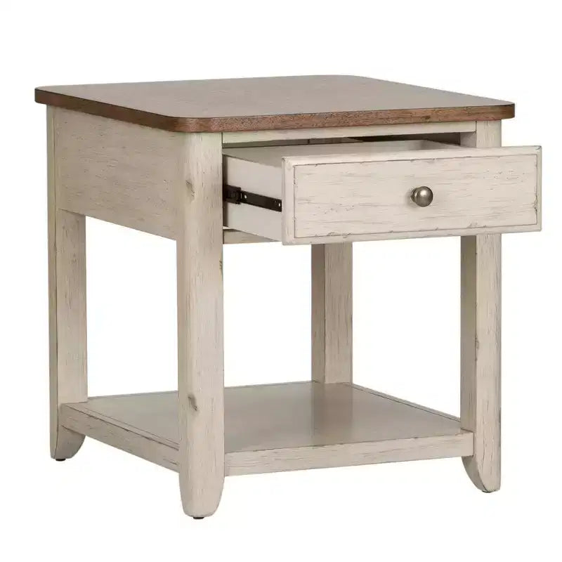 Tavolino reinventato in stile rustico con cesto, bianco anticato con piano color castagno