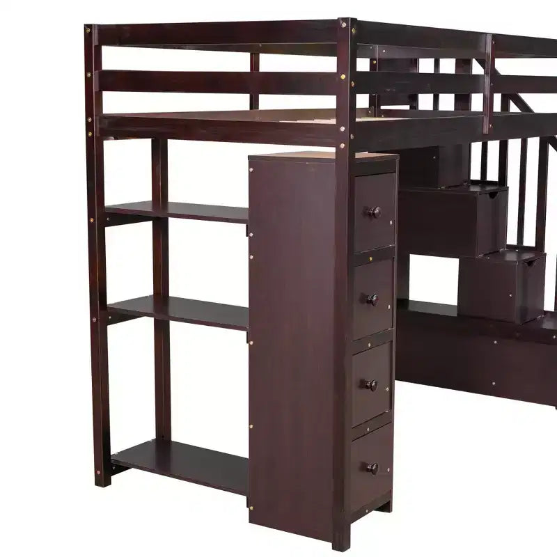 Letto a soppalco singolo in legno con cassetti contenitori, scale e mensole