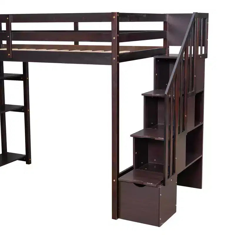 Letto a soppalco singolo in legno con cassetti contenitori, scale e mensole