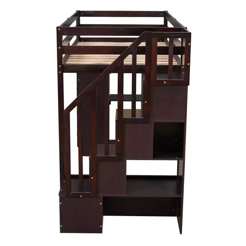 Letto a soppalco singolo in legno con cassetti contenitori, scale e mensole