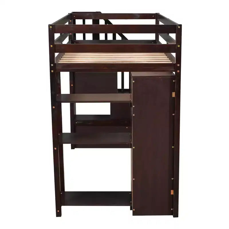 Letto a soppalco singolo in legno con cassetti contenitori, scale e mensole
