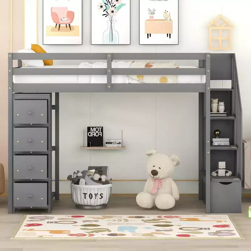 Letto a soppalco singolo in legno con cassetti contenitori, scale e mensole