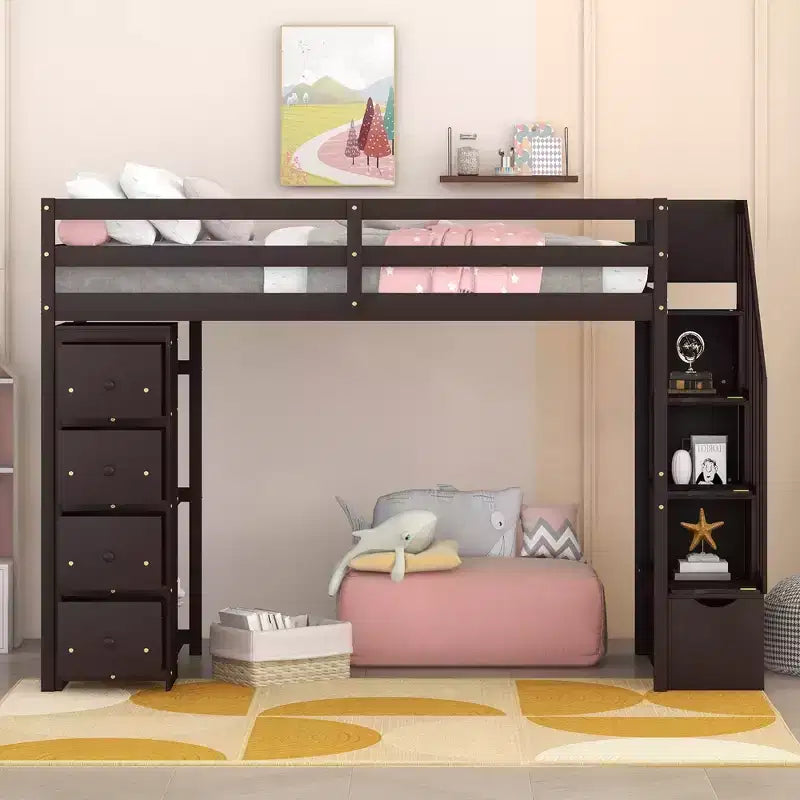 Letto a soppalco singolo in legno con cassetti contenitori, scale e mensole