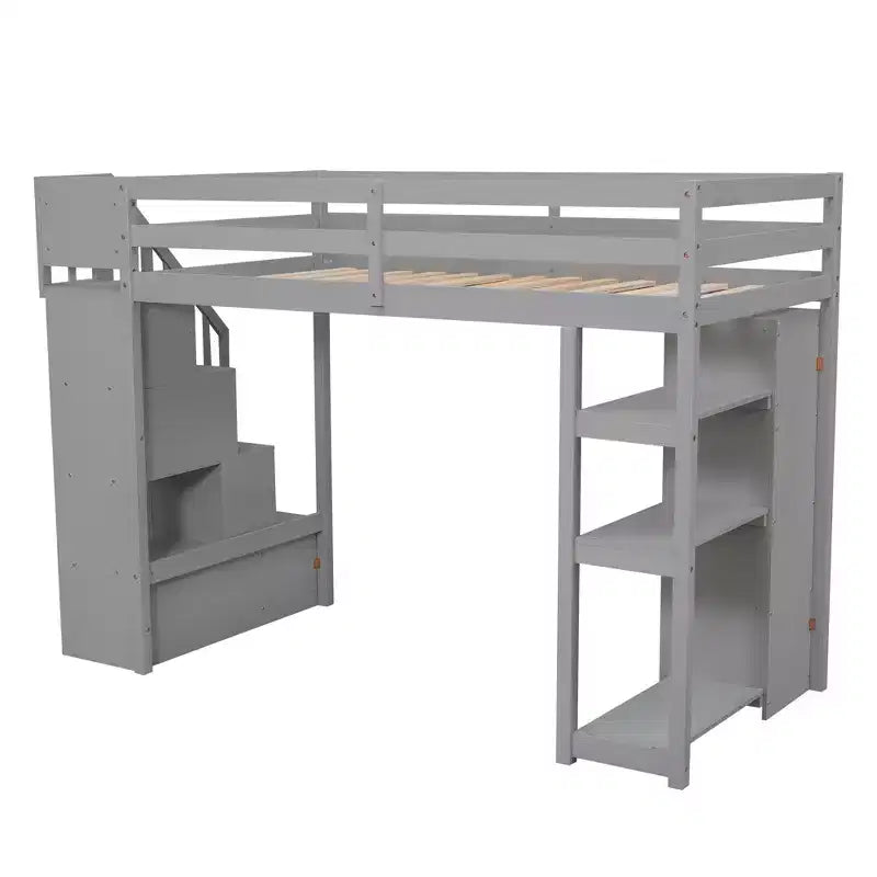 Letto a soppalco singolo in legno con cassetti contenitori, scale e mensole