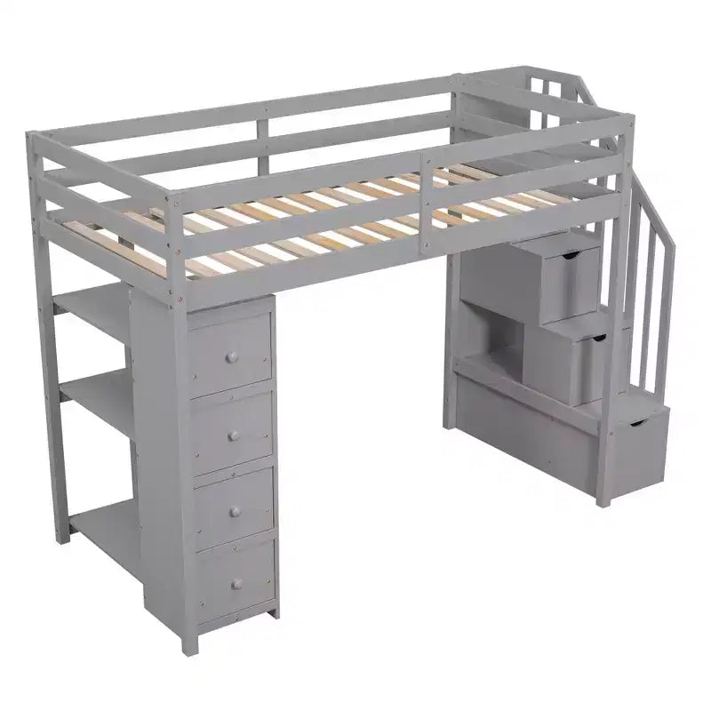 Letto a soppalco singolo in legno con cassetti contenitori, scale e mensole