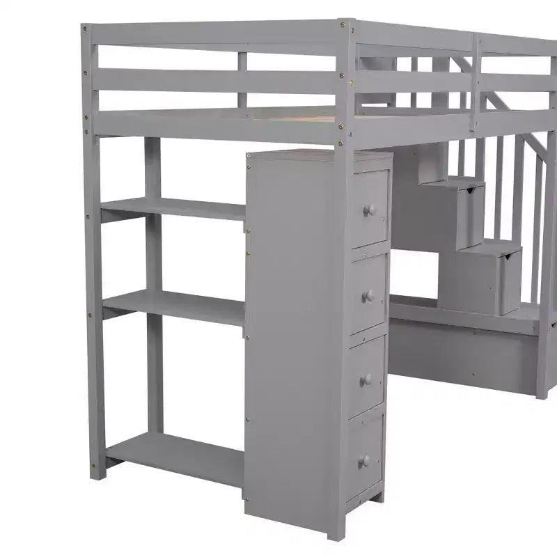 Letto a soppalco singolo in legno con cassetti contenitori, scale e mensole
