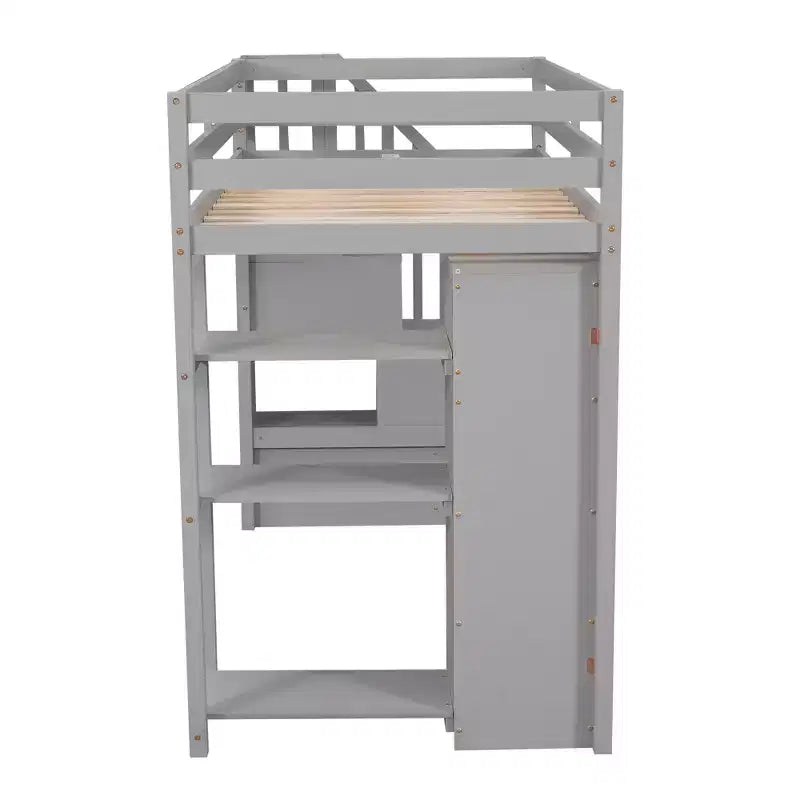 Letto a soppalco singolo in legno con cassetti contenitori, scale e mensole