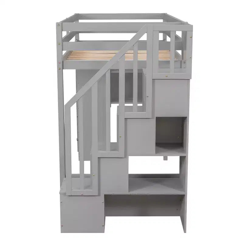 Letto a soppalco singolo in legno con cassetti contenitori, scale e mensole