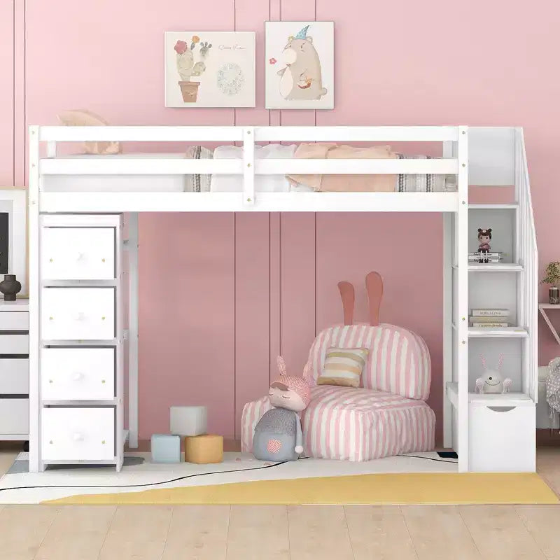 Letto a soppalco singolo in legno con cassetti contenitori, scale e mensole