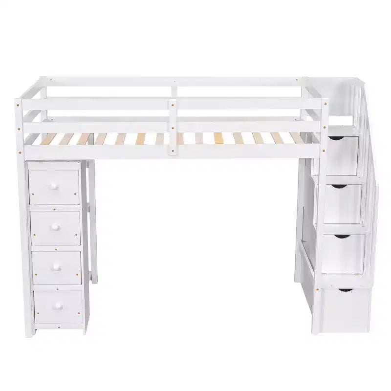 Letto a soppalco singolo in legno con cassetti contenitori, scale e mensole