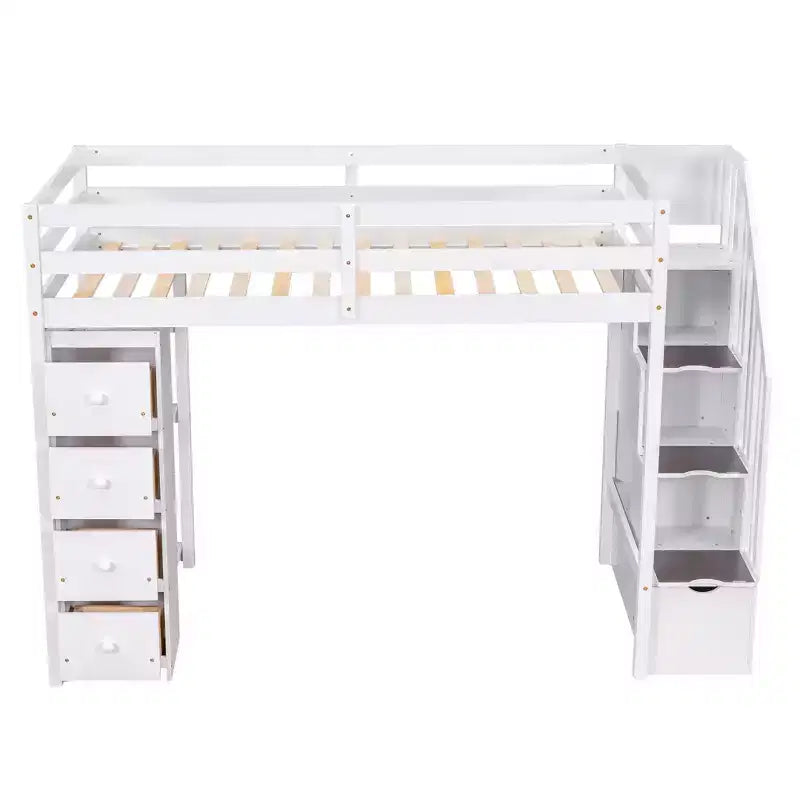 Letto a soppalco singolo in legno con cassetti contenitori, scale e mensole