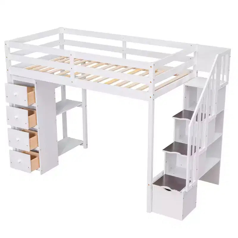 Letto a soppalco singolo in legno con cassetti contenitori, scale e mensole