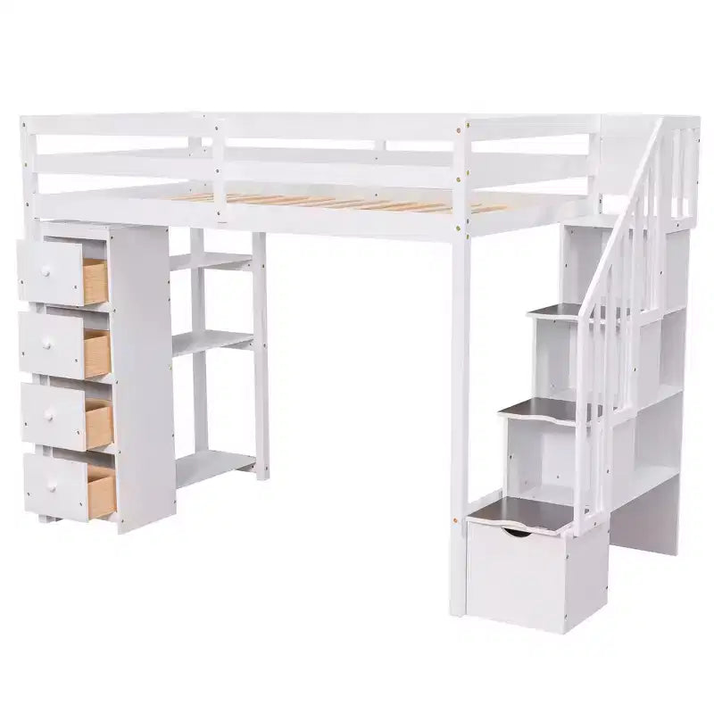 Letto a soppalco singolo in legno con cassetti contenitori, scale e mensole