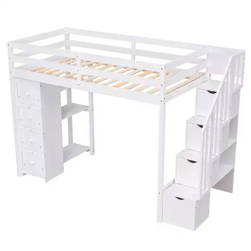 Letto a soppalco singolo in legno con cassetti contenitori, scale e mensole