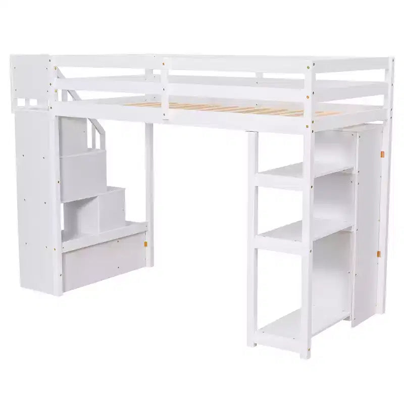 Letto a soppalco singolo in legno con cassetti contenitori, scale e mensole