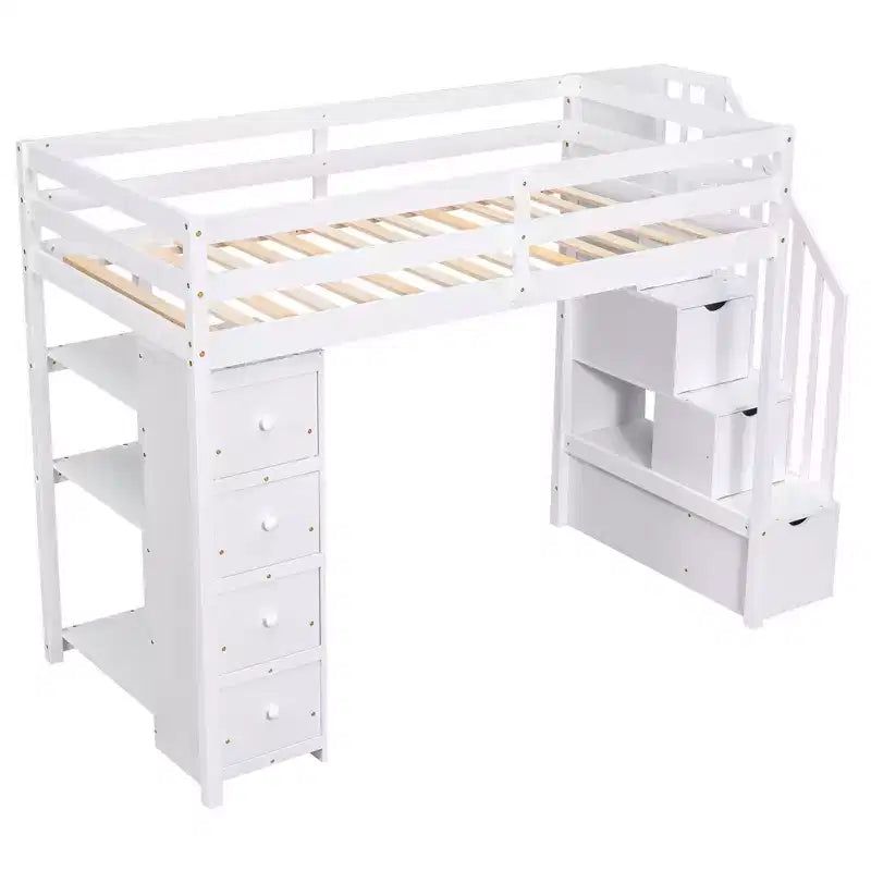 Letto a soppalco singolo in legno con cassetti contenitori, scale e mensole
