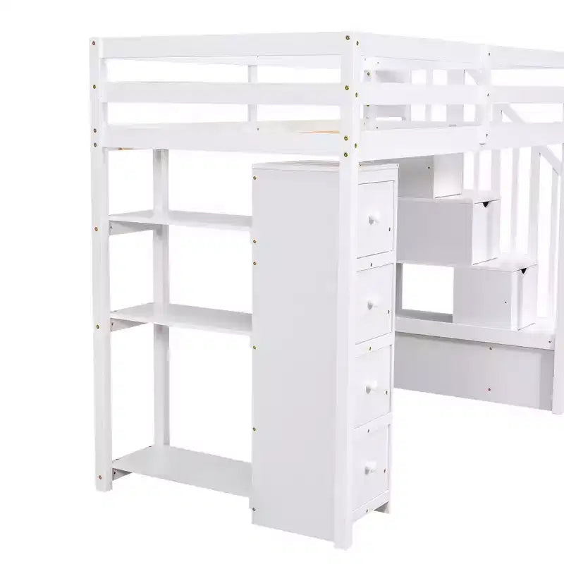 Letto a soppalco singolo in legno con cassetti contenitori, scale e mensole
