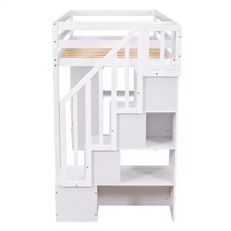 Letto a soppalco singolo in legno con cassetti contenitori, scale e mensole