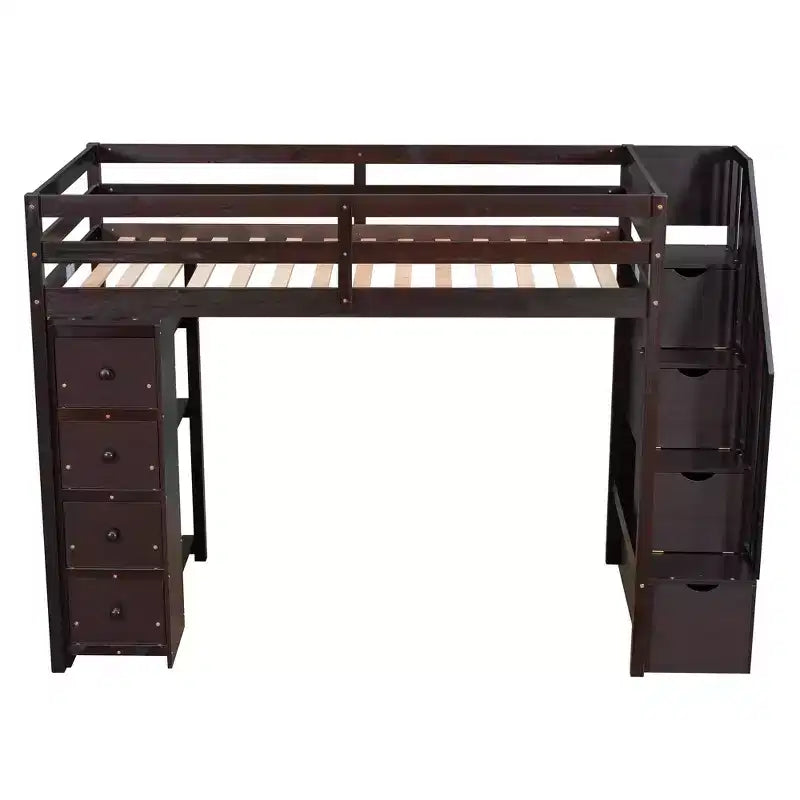 Letto a soppalco singolo in legno con cassetti contenitori, scale e mensole