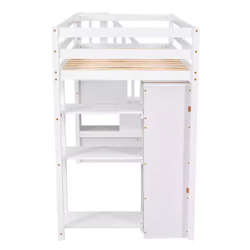 Letto a soppalco singolo in legno con cassetti contenitori, scale e mensole
