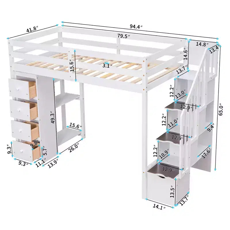 Letto a soppalco singolo in legno con cassetti contenitori, scale e mensole