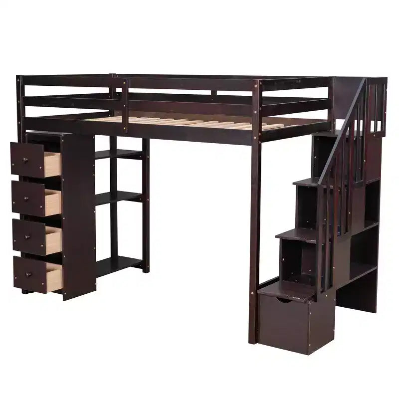 Letto a soppalco singolo in legno con cassetti contenitori, scale e mensole