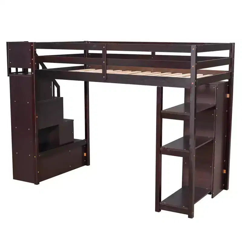 Letto a soppalco singolo in legno con cassetti contenitori, scale e mensole